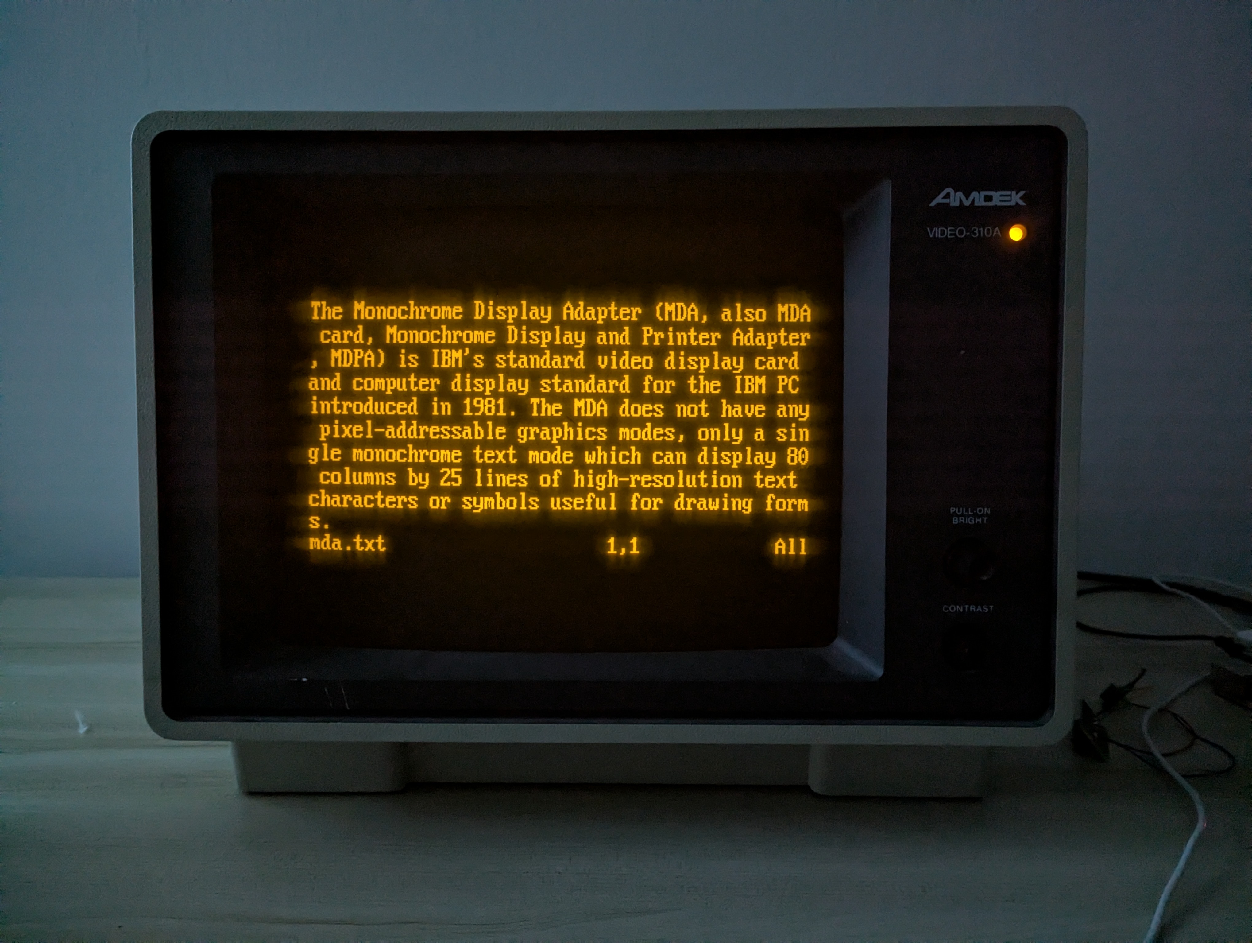 Image of Wikipedia's description of the Monochrome Display Adapter on the TTY